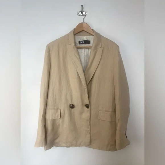 ZARA Linen Crossover‎ Blazer Light Camel |3420/710/743/s - Picture 13 of 14